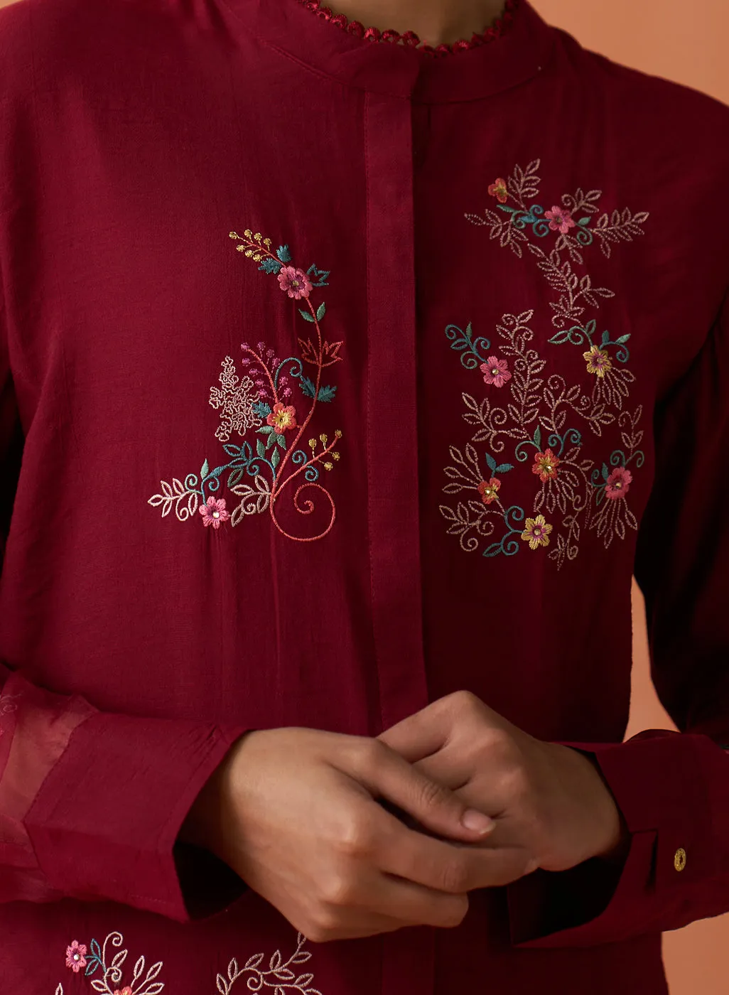Kashni Maroon Embroidered Cotton Viscose Shirt for Women