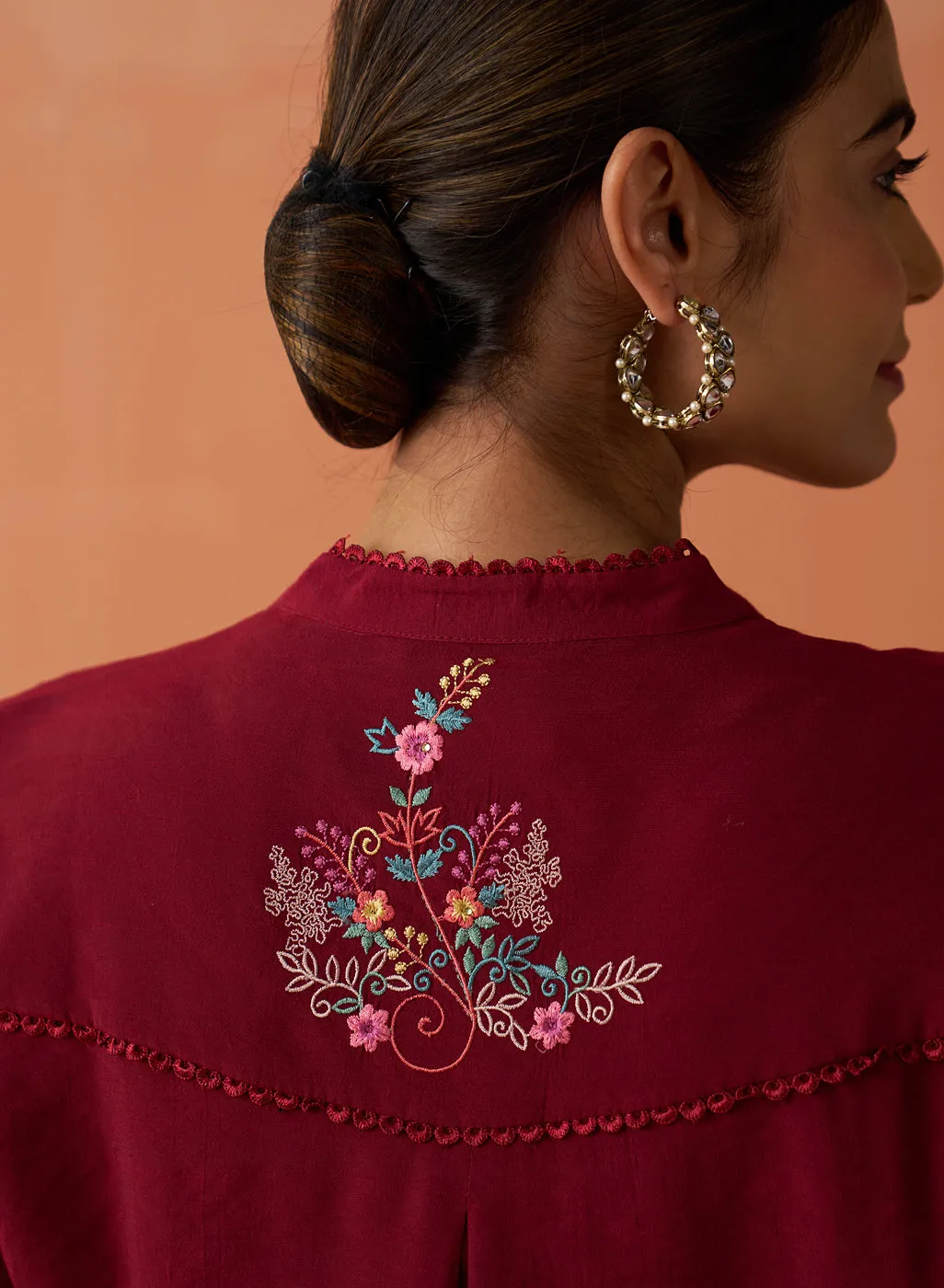 Kashni Maroon Embroidered Cotton Viscose Shirt for Women