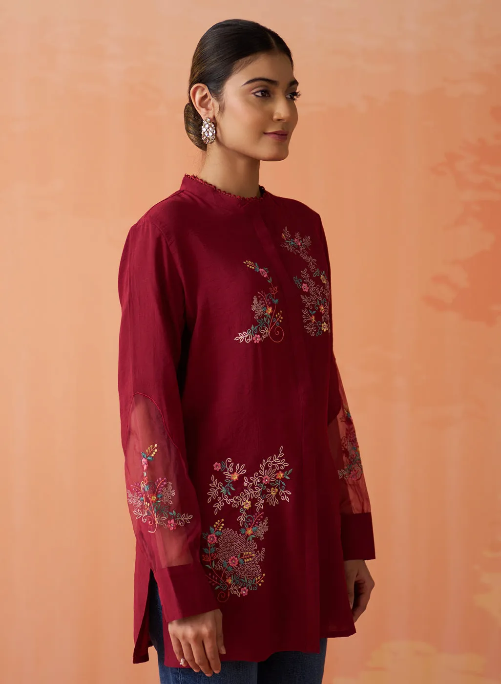 Kashni Maroon Embroidered Cotton Viscose Shirt for Women