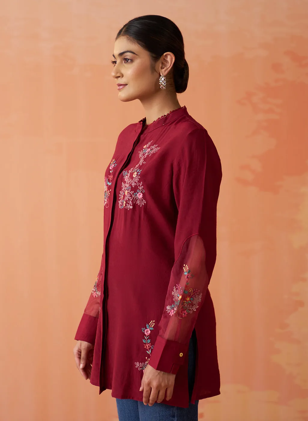 Kashni Maroon Embroidered Cotton Viscose Shirt for Women