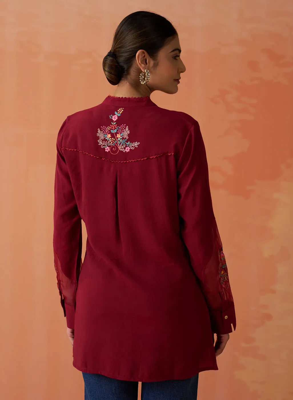 Kashni Maroon Embroidered Cotton Viscose Shirt for Women