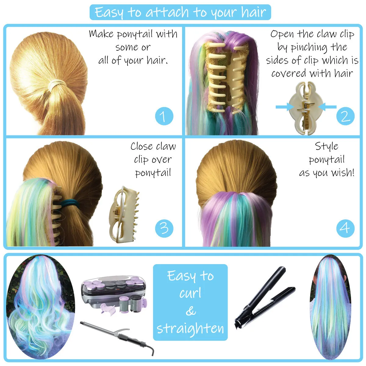 Kids Rainbow Blue, Purple, Yellow & Pink Hair Extension Ponytail