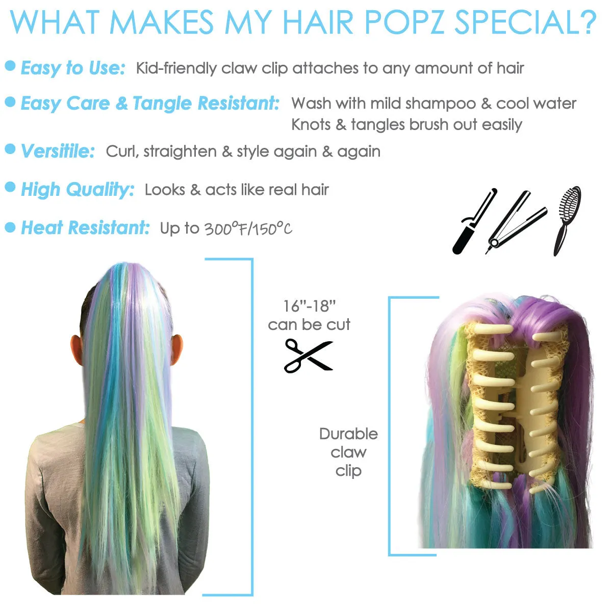 Kids Rainbow Blue, Purple, Yellow & Pink Hair Extension Ponytail