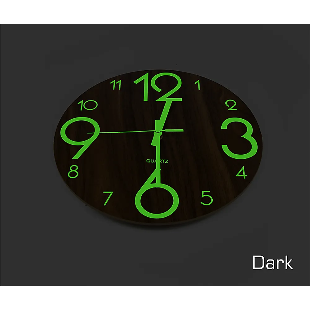 Luminous Quiet Glow-In-Dark Quartz Wall Clock 30cm Walnut