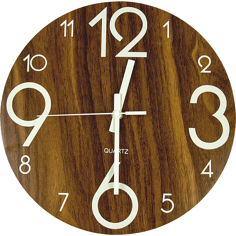 Luminous Quiet Glow-In-Dark Quartz Wall Clock 30cm Walnut