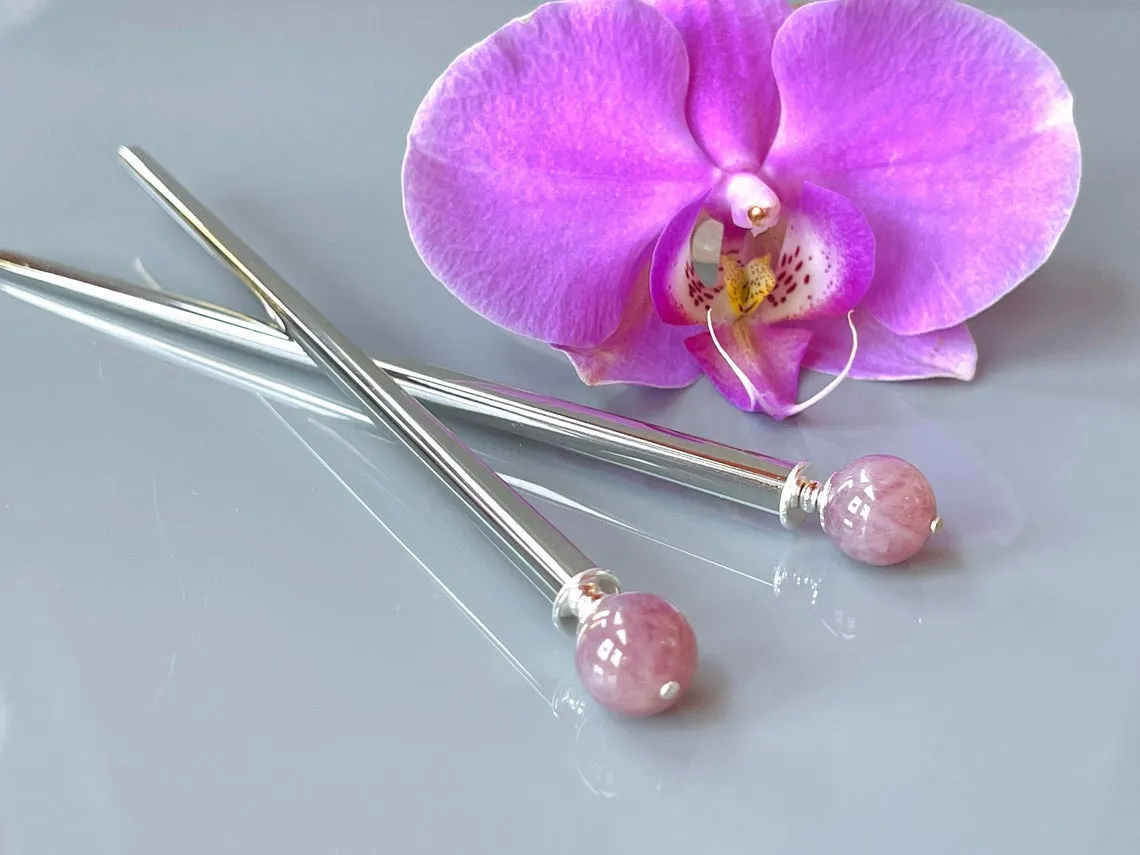 Madagascar Rose Quartz Gemstone Hair Sticks, Elegant Hair Sticks, Gemstone Hair pins