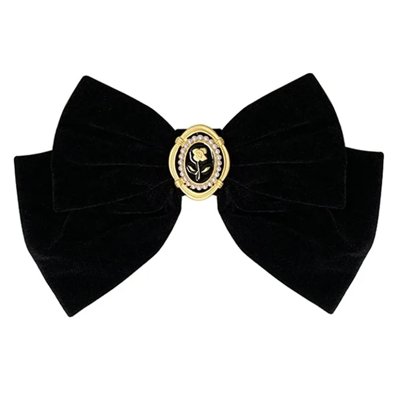 New Black Velvet Bow Hair Pins Elegant Fabric Alloy Roses Hair Clips for Women Fashion Ponytail Barrette Heawear Accessories