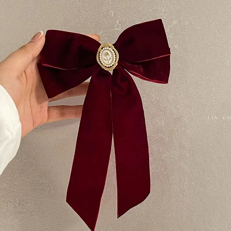 New Black Velvet Bow Hair Pins Elegant Fabric Alloy Roses Hair Clips for Women Fashion Ponytail Barrette Heawear Accessories