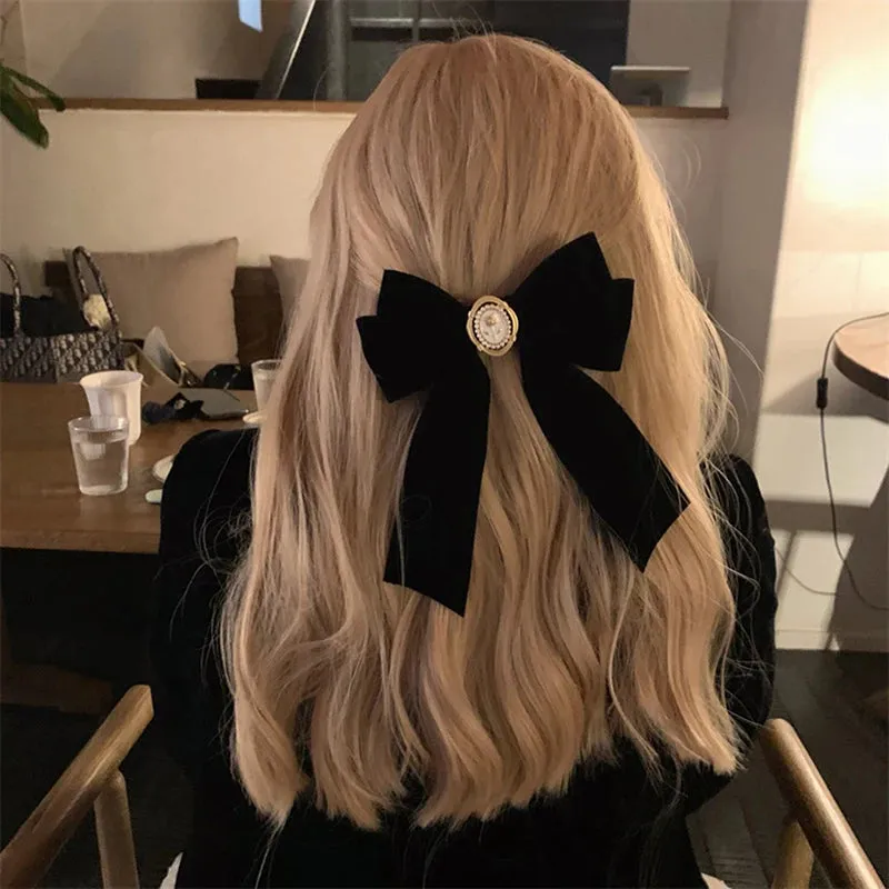 New Black Velvet Bow Hair Pins Elegant Fabric Alloy Roses Hair Clips for Women Fashion Ponytail Barrette Heawear Accessories