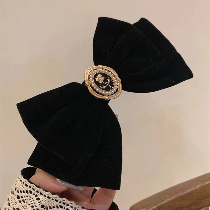 New Black Velvet Bow Hair Pins Elegant Fabric Alloy Roses Hair Clips for Women Fashion Ponytail Barrette Heawear Accessories