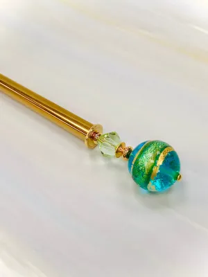 Ocean Blue Venetian 24k gold Art glass hair stick, hand made hair stick, shawl pin, sweater pin,