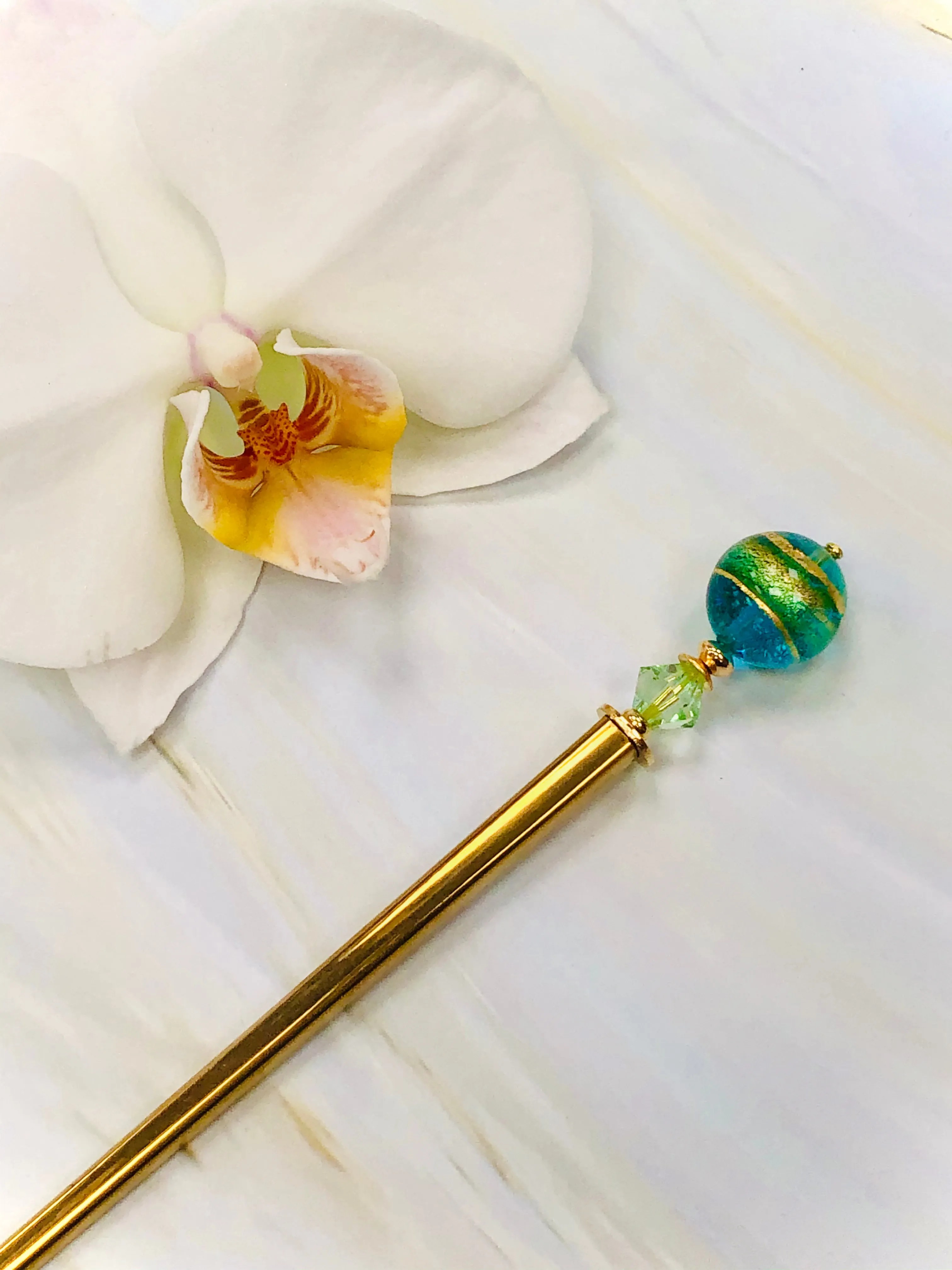 Ocean Blue Venetian 24k gold Art glass hair stick, hand made hair stick, shawl pin, sweater pin,