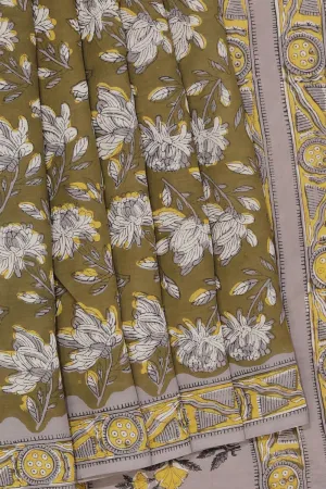 olive Green Bagru Cotton saree
