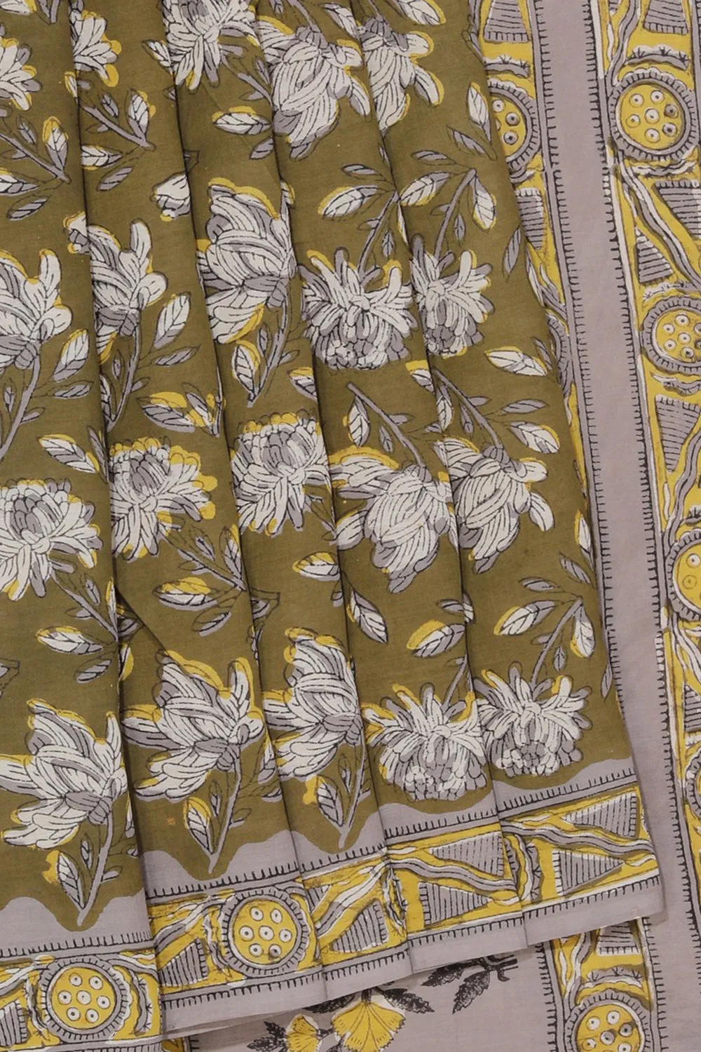 olive Green Bagru Cotton saree