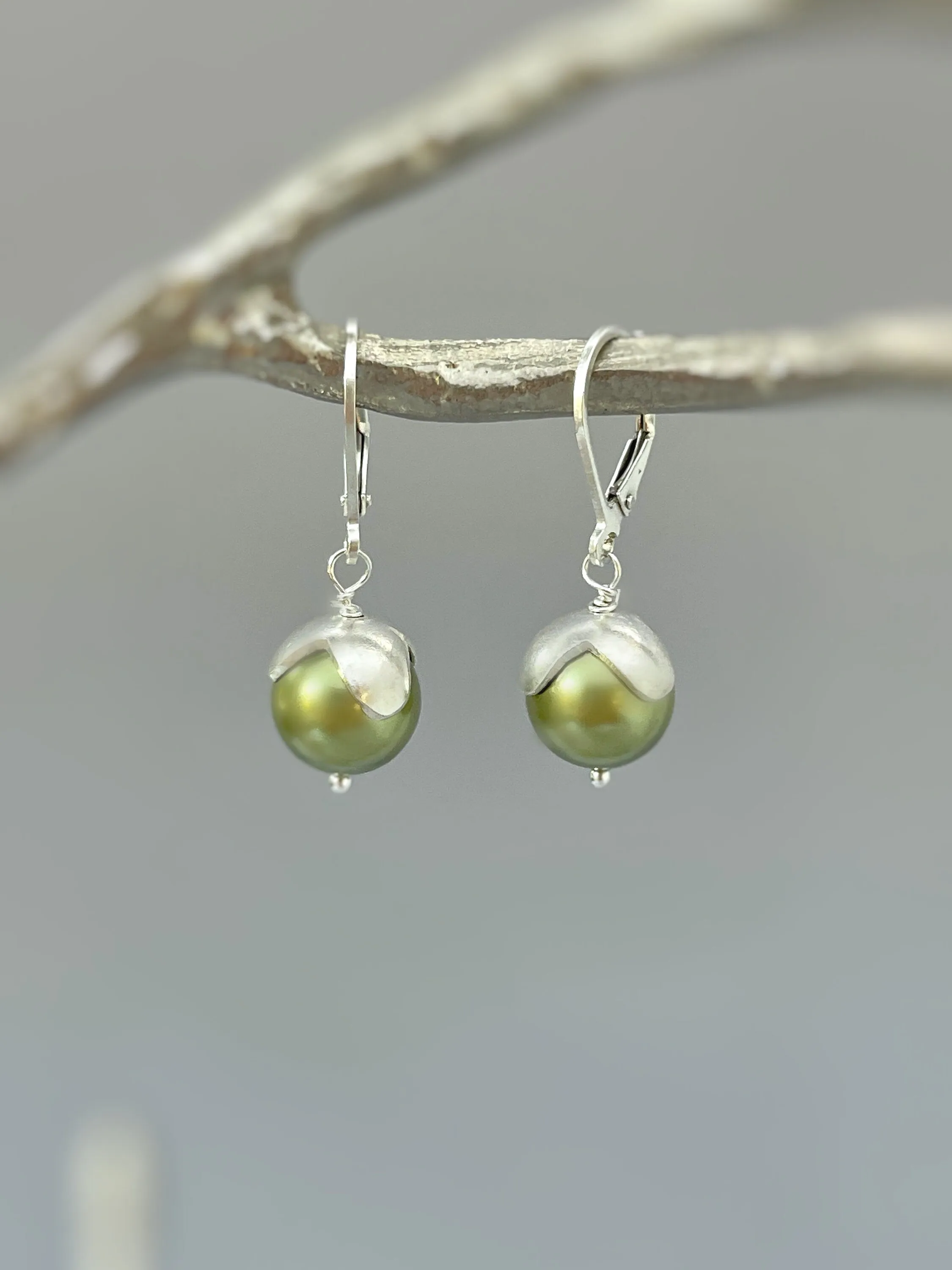 Pea Pod Pearl Earrings Dangle Sterling Silver