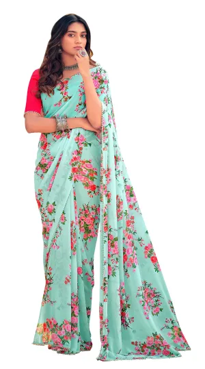 Powder Green Floral Printed Saree with Pearl Lace Work MN3805