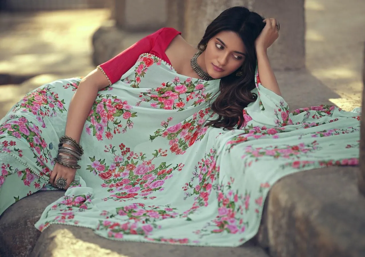 Powder Green Floral Printed Saree with Pearl Lace Work MN3805