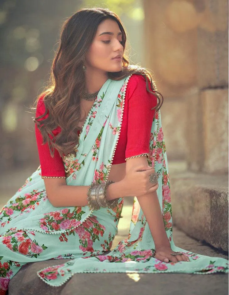Powder Green Floral Printed Saree with Pearl Lace Work MN3805