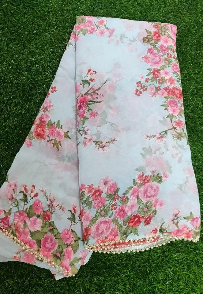 Powder Green Floral Printed Saree with Pearl Lace Work MN3805