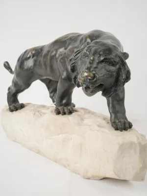Prowling Tiger Bronze Sculpture on Marble Base Signed Rousse 10¾"
