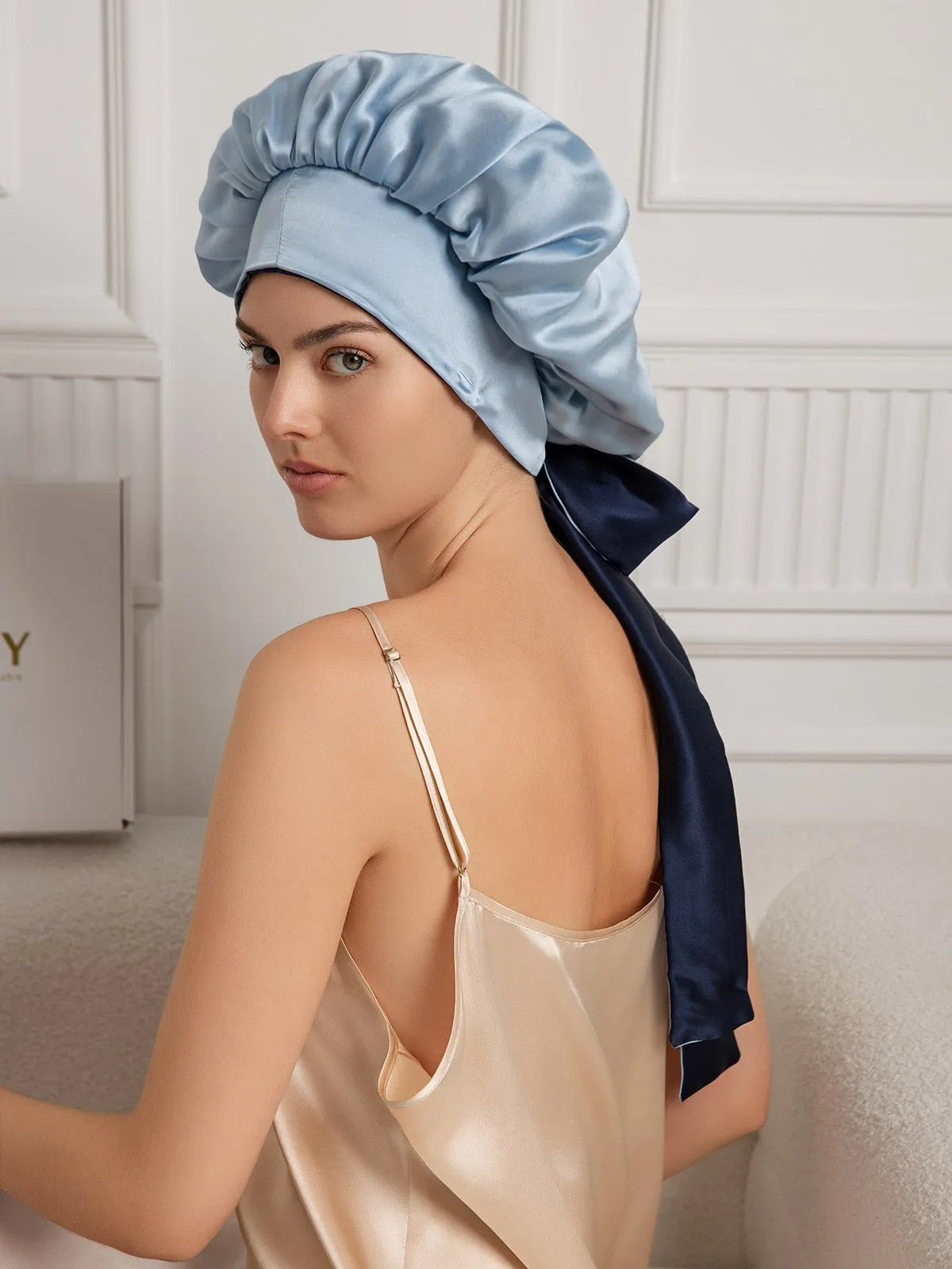 Pure Silk Casual Nightcap with Long Ribbons (Two-tone and Double-sided)