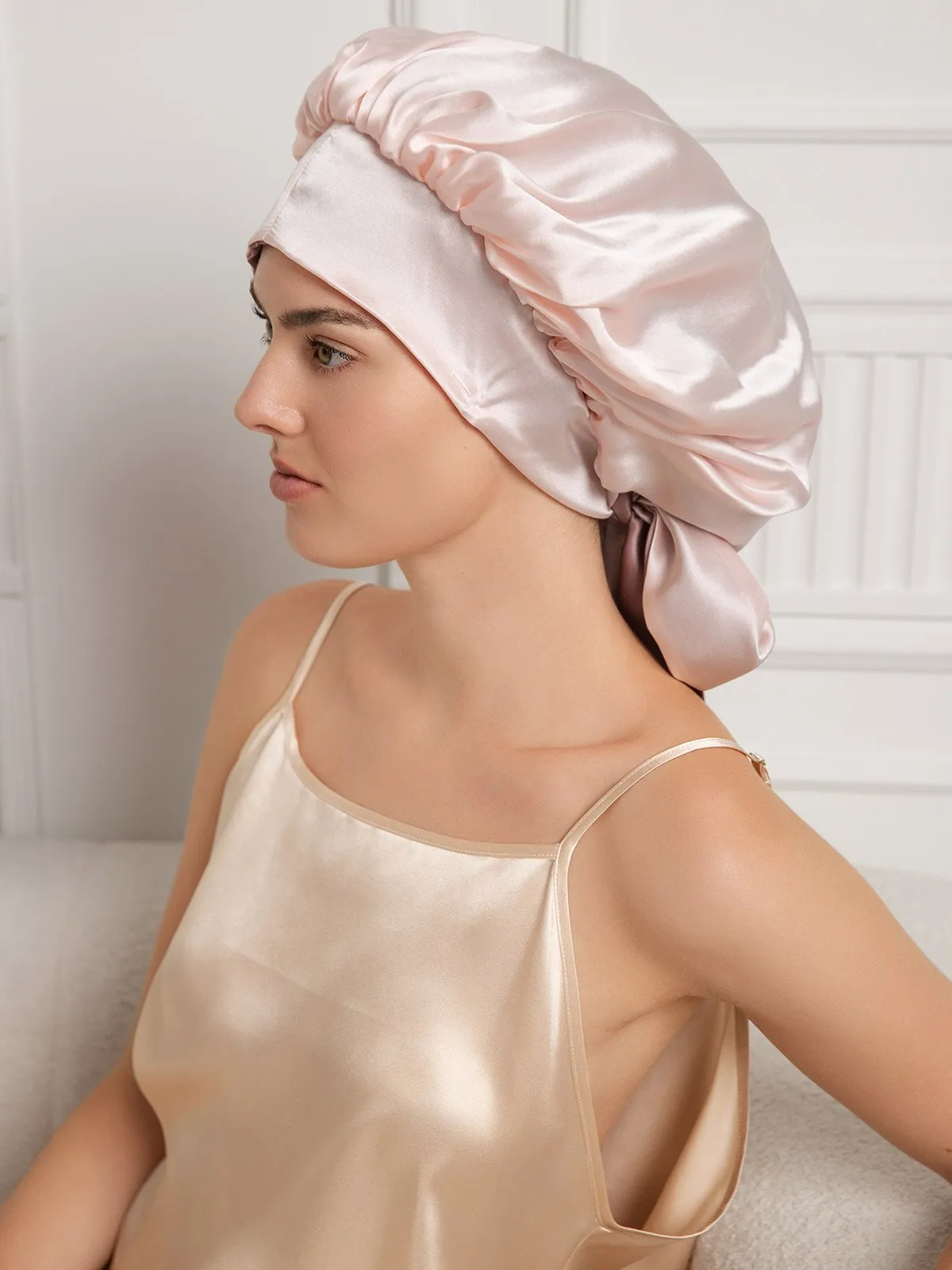 Pure Silk Casual Nightcap with Long Ribbons (Two-tone and Double-sided)