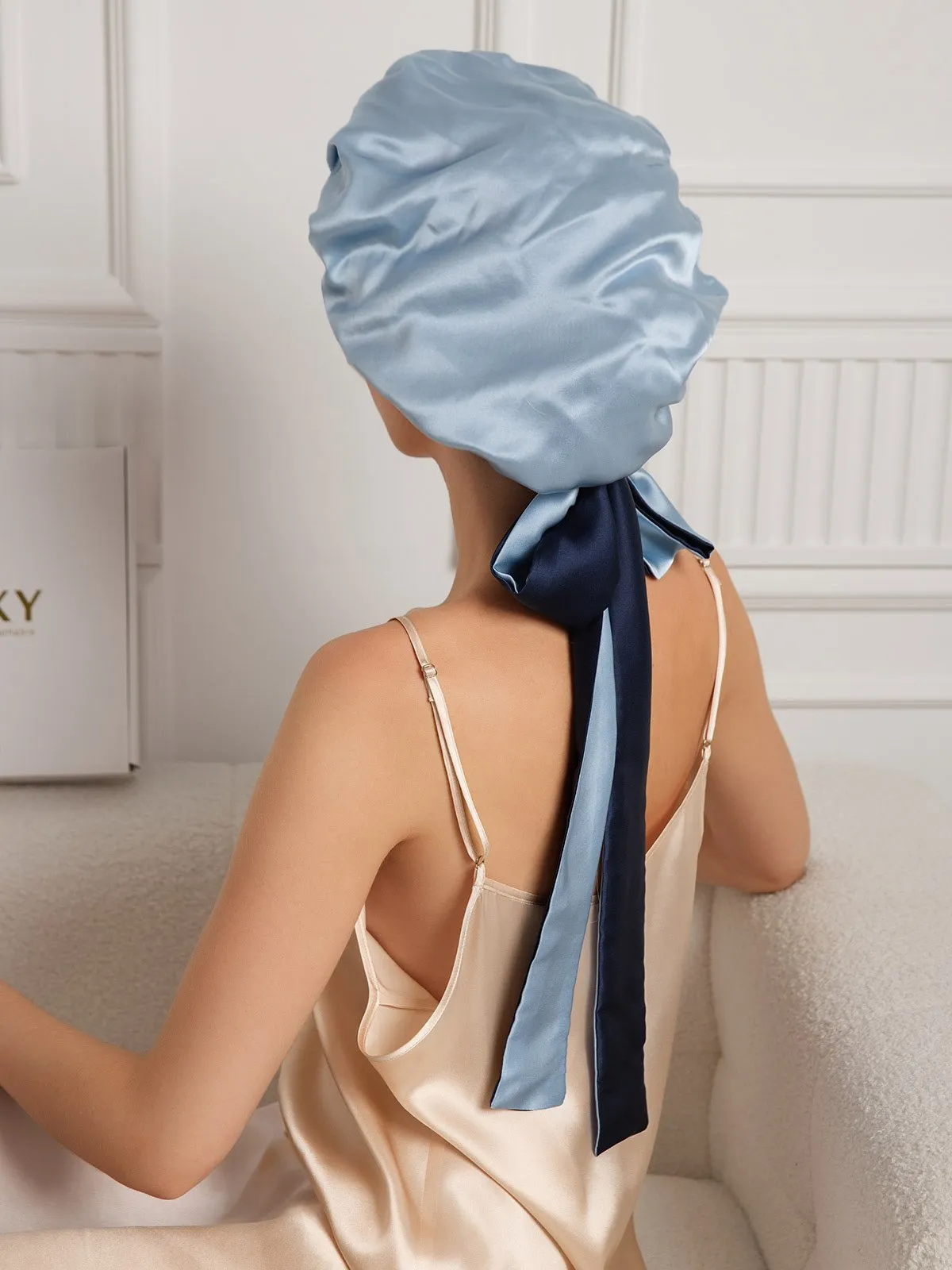 Pure Silk Casual Nightcap with Long Ribbons (Two-tone and Double-sided)