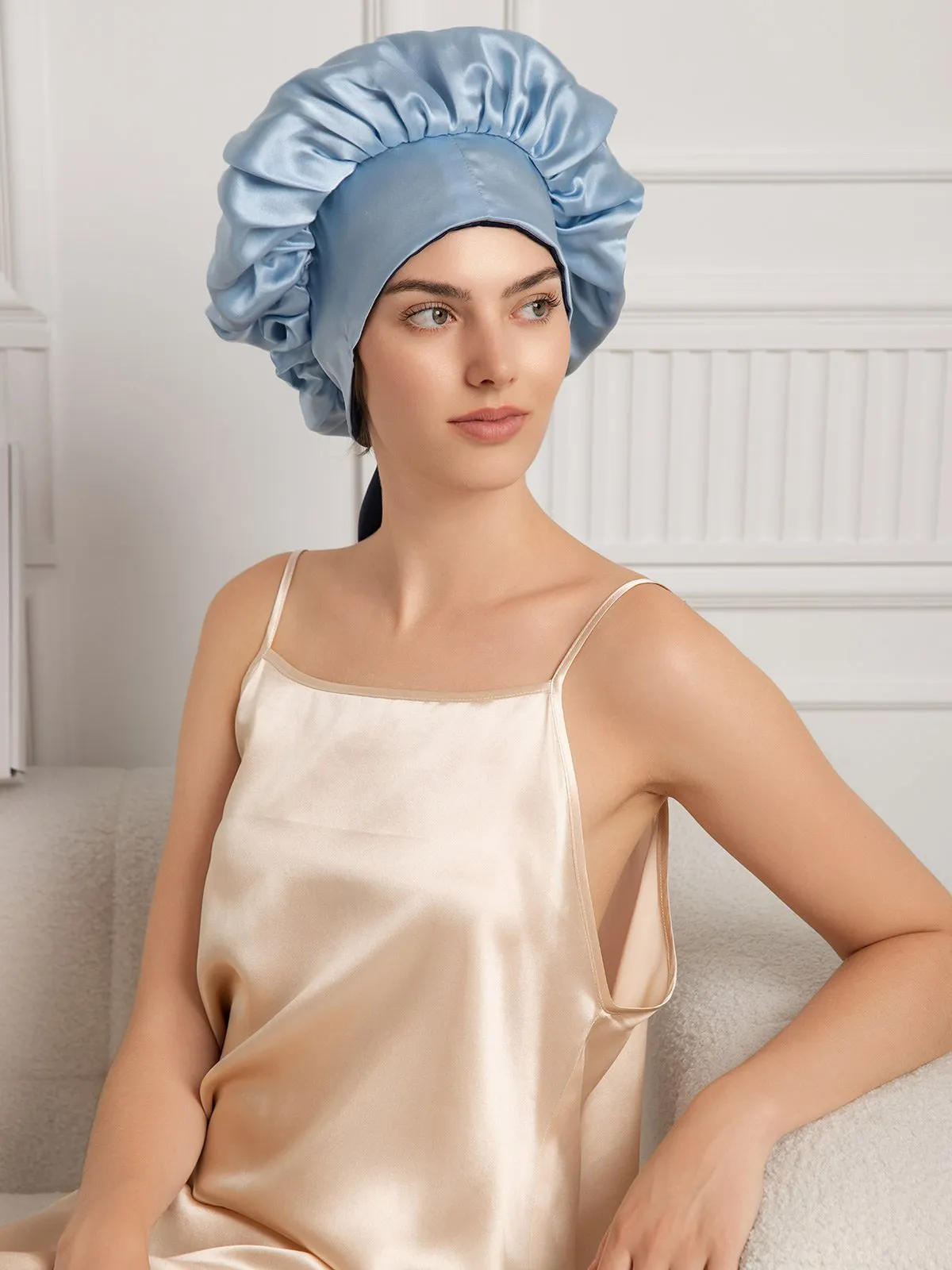 Pure Silk Casual Nightcap with Long Ribbons (Two-tone and Double-sided)