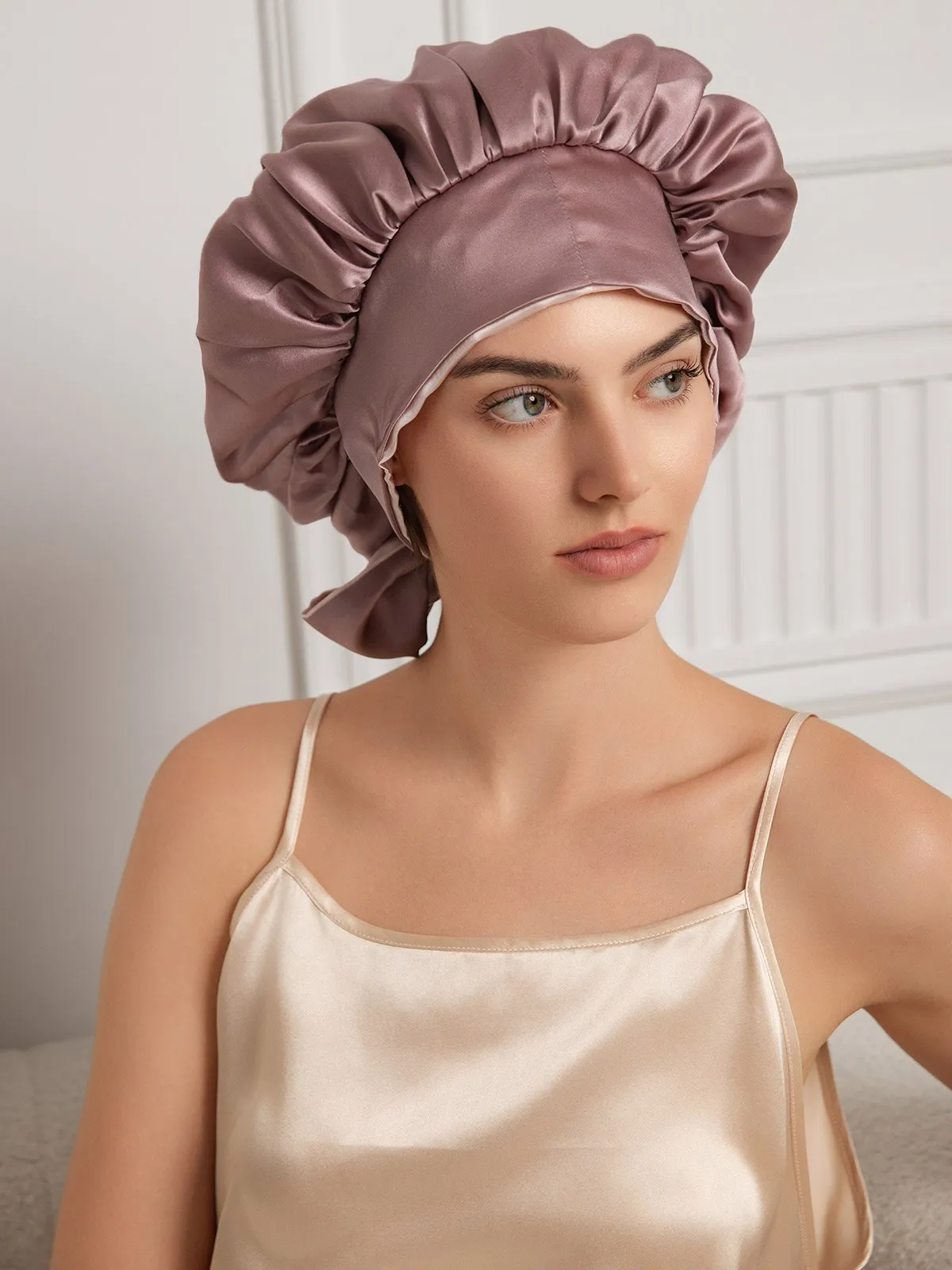 Pure Silk Casual Nightcap with Long Ribbons (Two-tone and Double-sided)