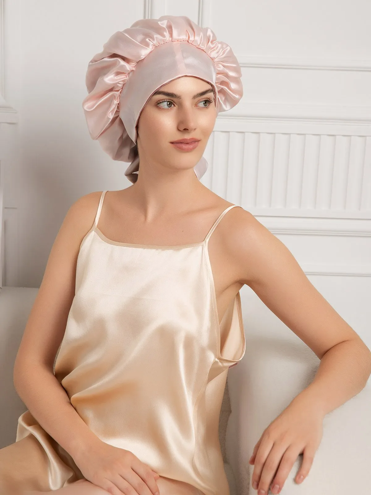 Pure Silk Casual Nightcap with Long Ribbons (Two-tone and Double-sided)
