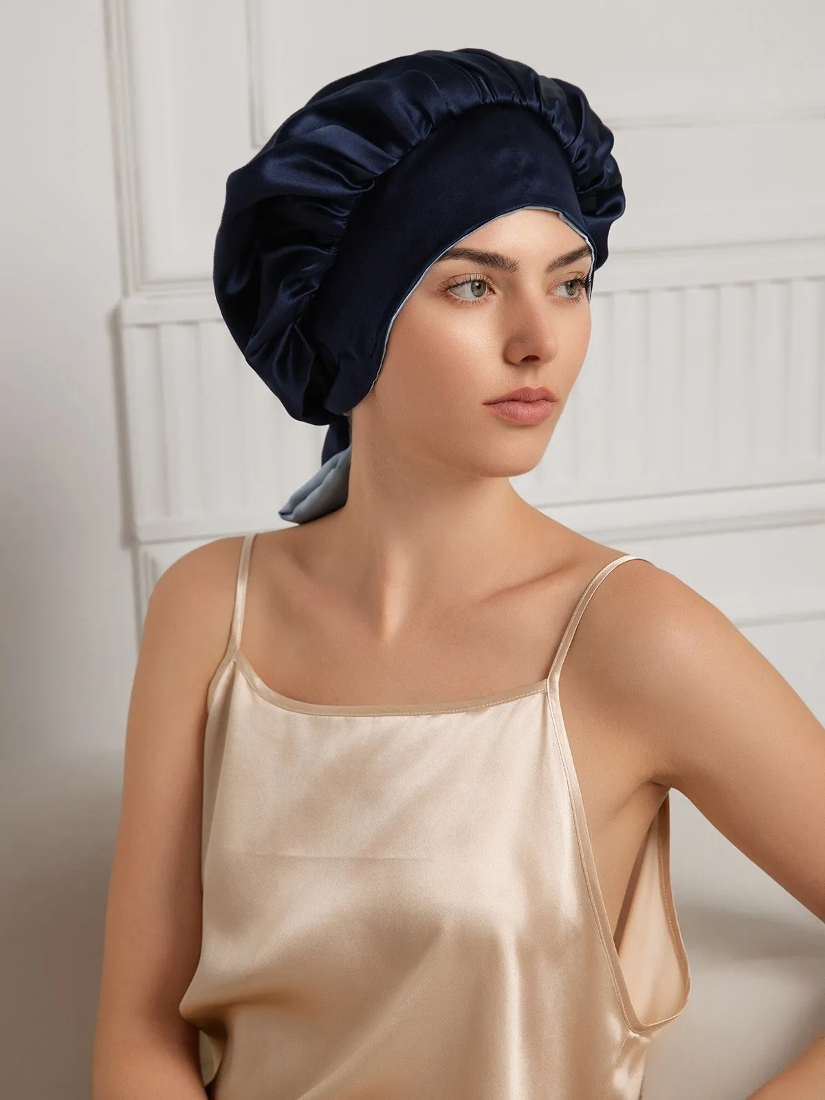 Pure Silk Casual Nightcap with Long Ribbons (Two-tone and Double-sided)