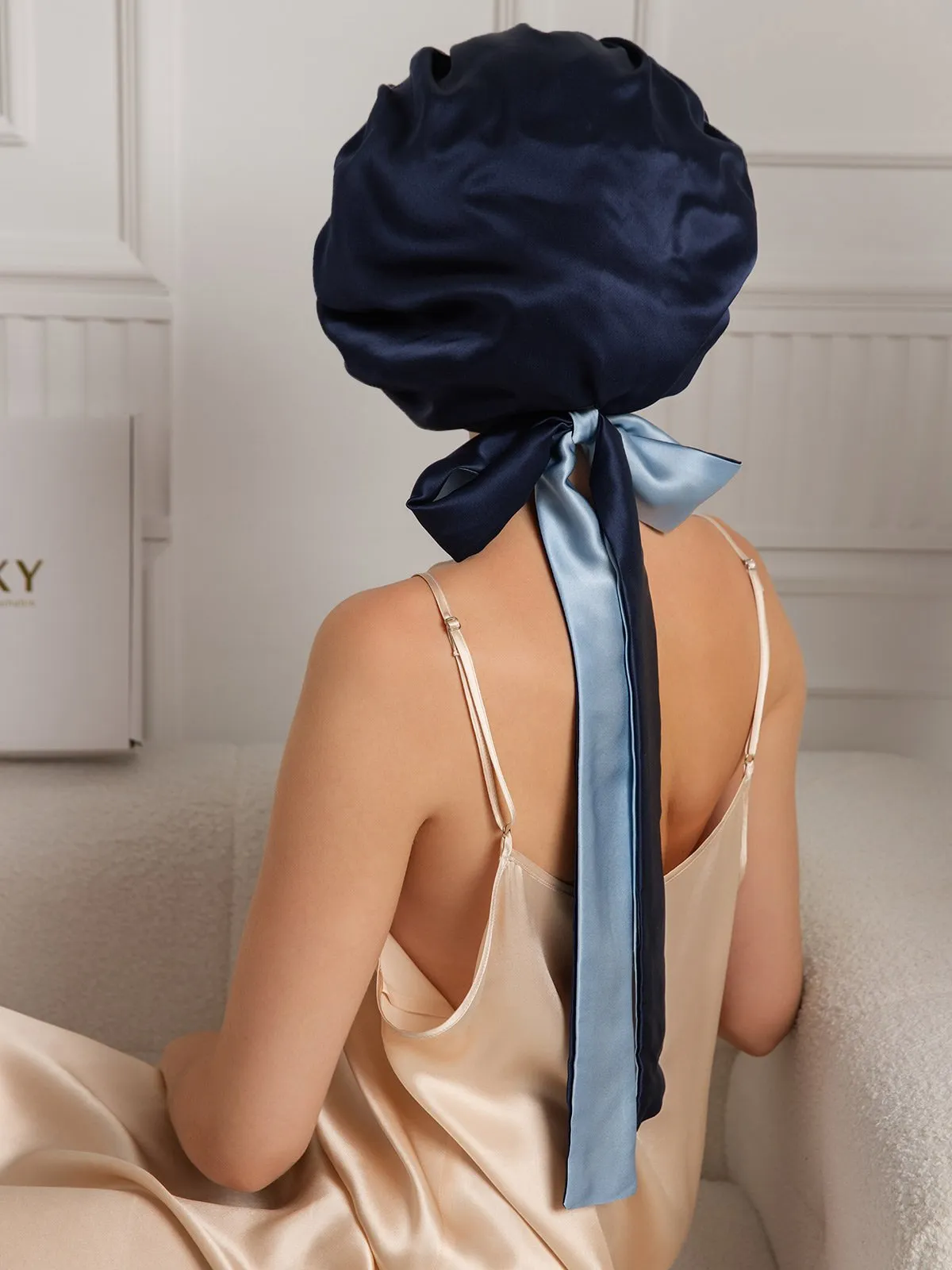 Pure Silk Casual Nightcap with Long Ribbons (Two-tone and Double-sided)