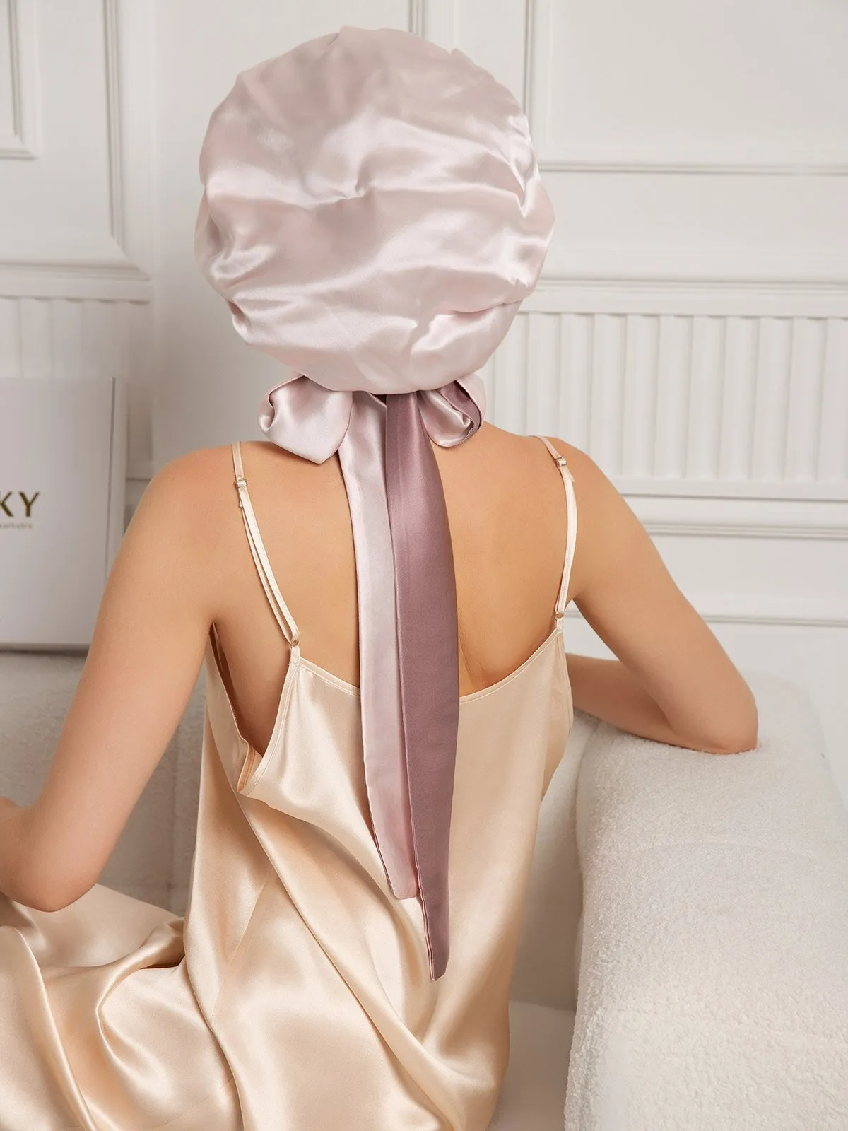 Pure Silk Casual Nightcap with Long Ribbons (Two-tone and Double-sided)