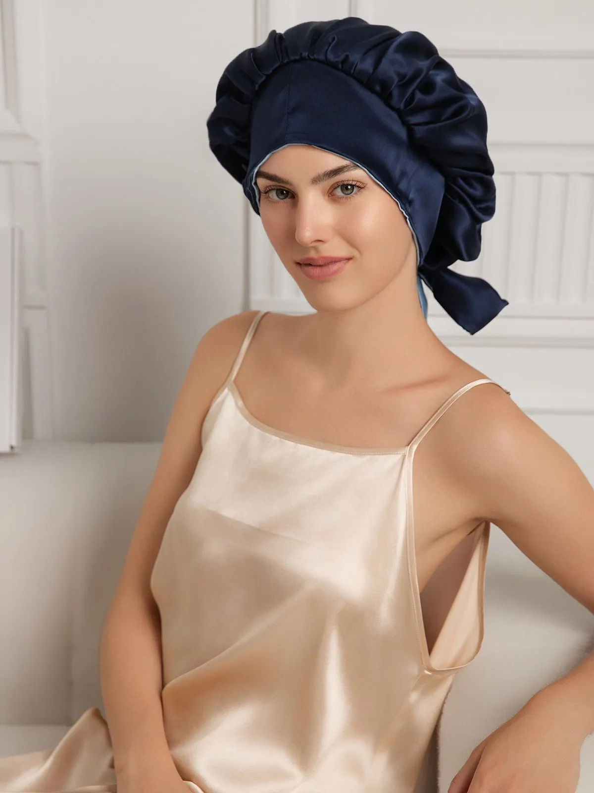 Pure Silk Casual Nightcap with Long Ribbons (Two-tone and Double-sided)