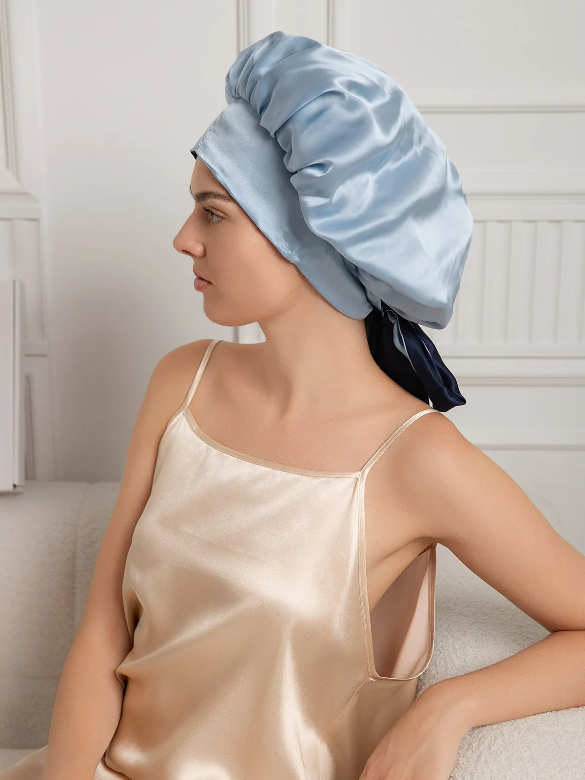 Pure Silk Casual Nightcap with Long Ribbons (Two-tone and Double-sided)