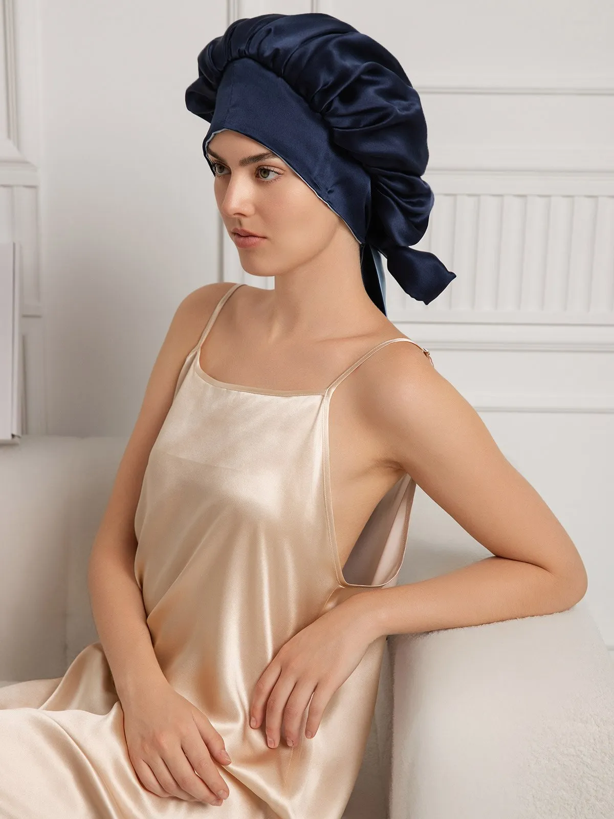 Pure Silk Casual Nightcap with Long Ribbons (Two-tone and Double-sided)