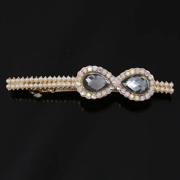 Rhinestone Bow and Pearl Hair Barrette