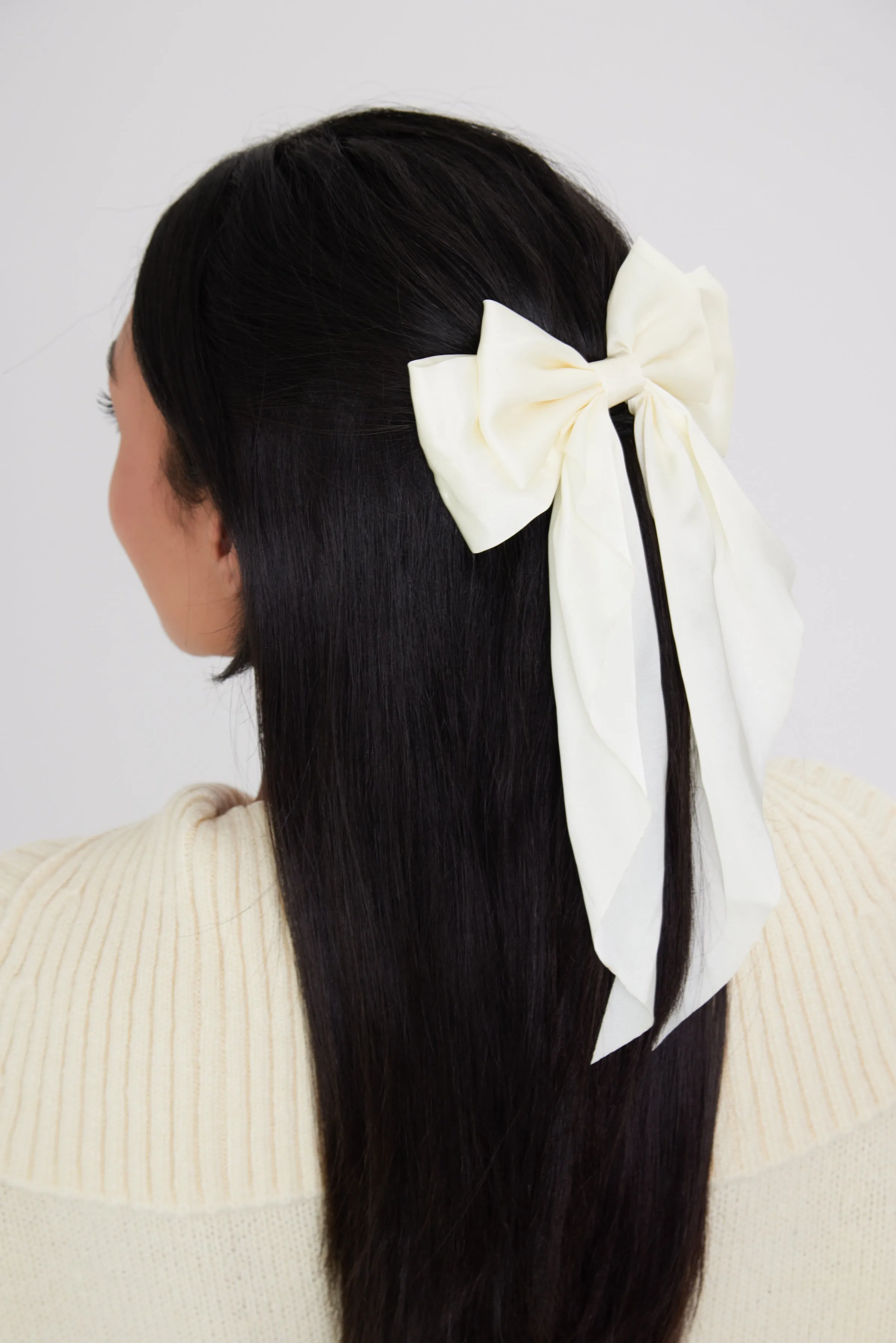 Satin Flowy Bow Clip in Off White