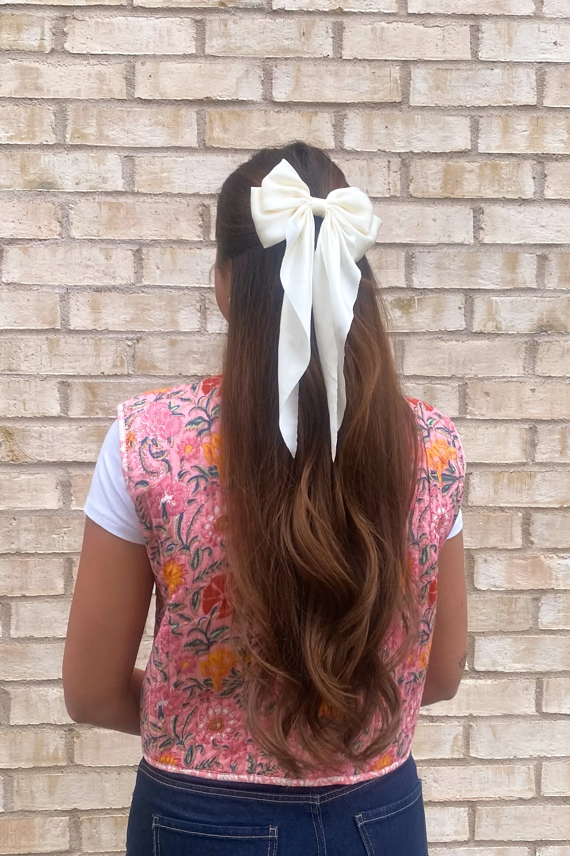 Satin Flowy Bow Clip in Off White