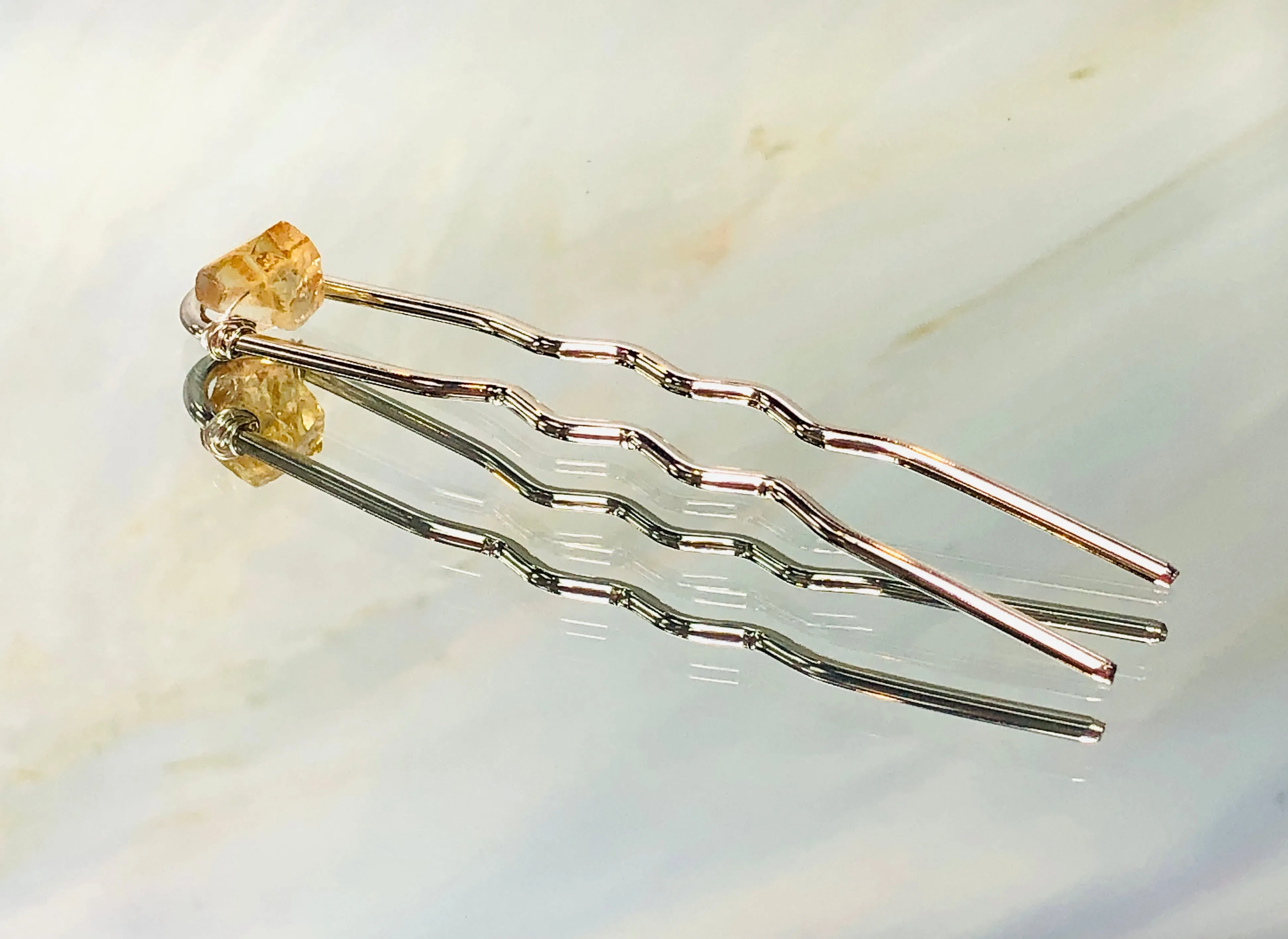 Silver Citrine Gemstone Hair Pin, Luxury Citrine Hair Pin, gemstone metal hair jewelry