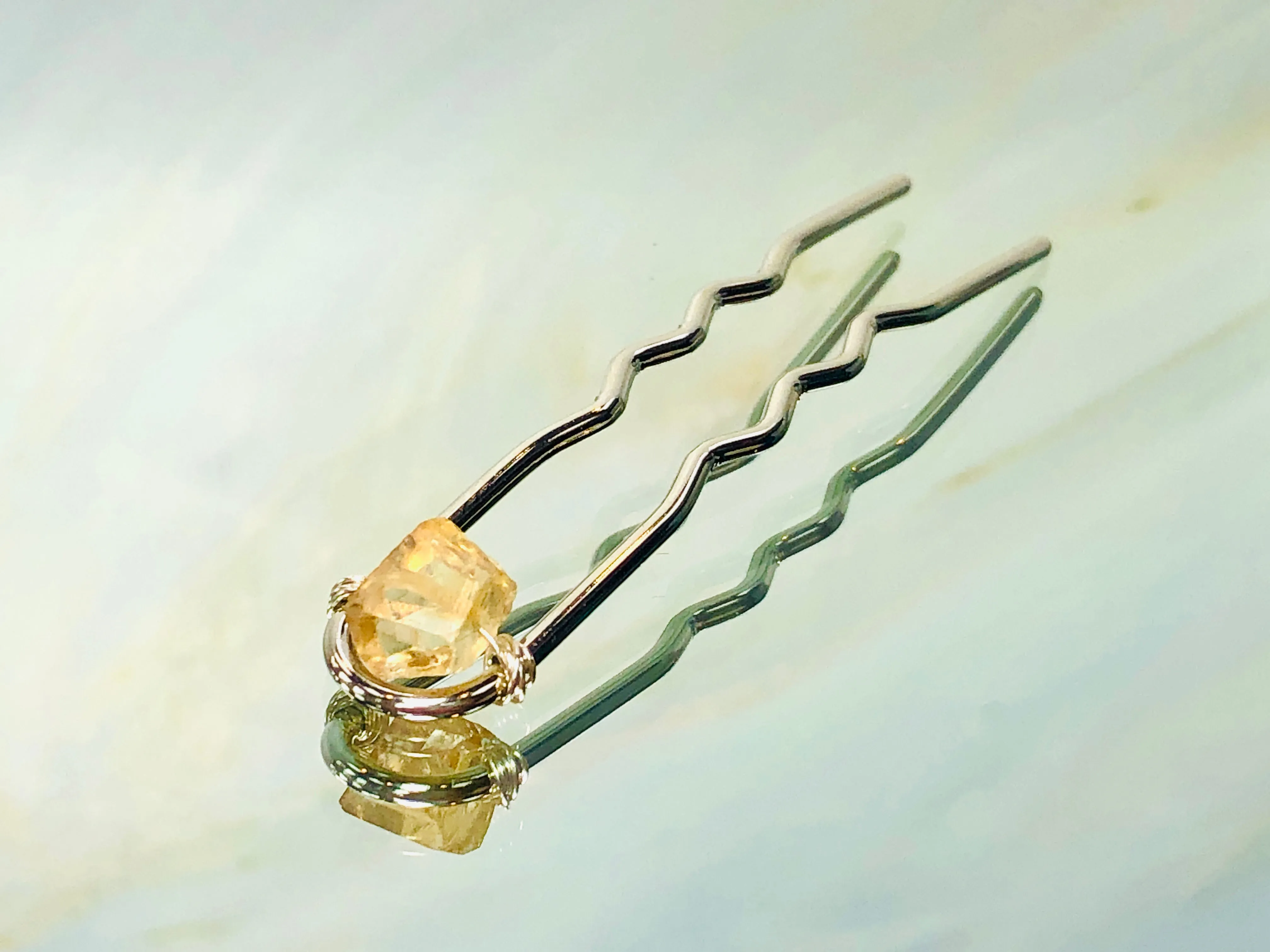 Silver Citrine Gemstone Hair Pin, Luxury Citrine Hair Pin, gemstone metal hair jewelry