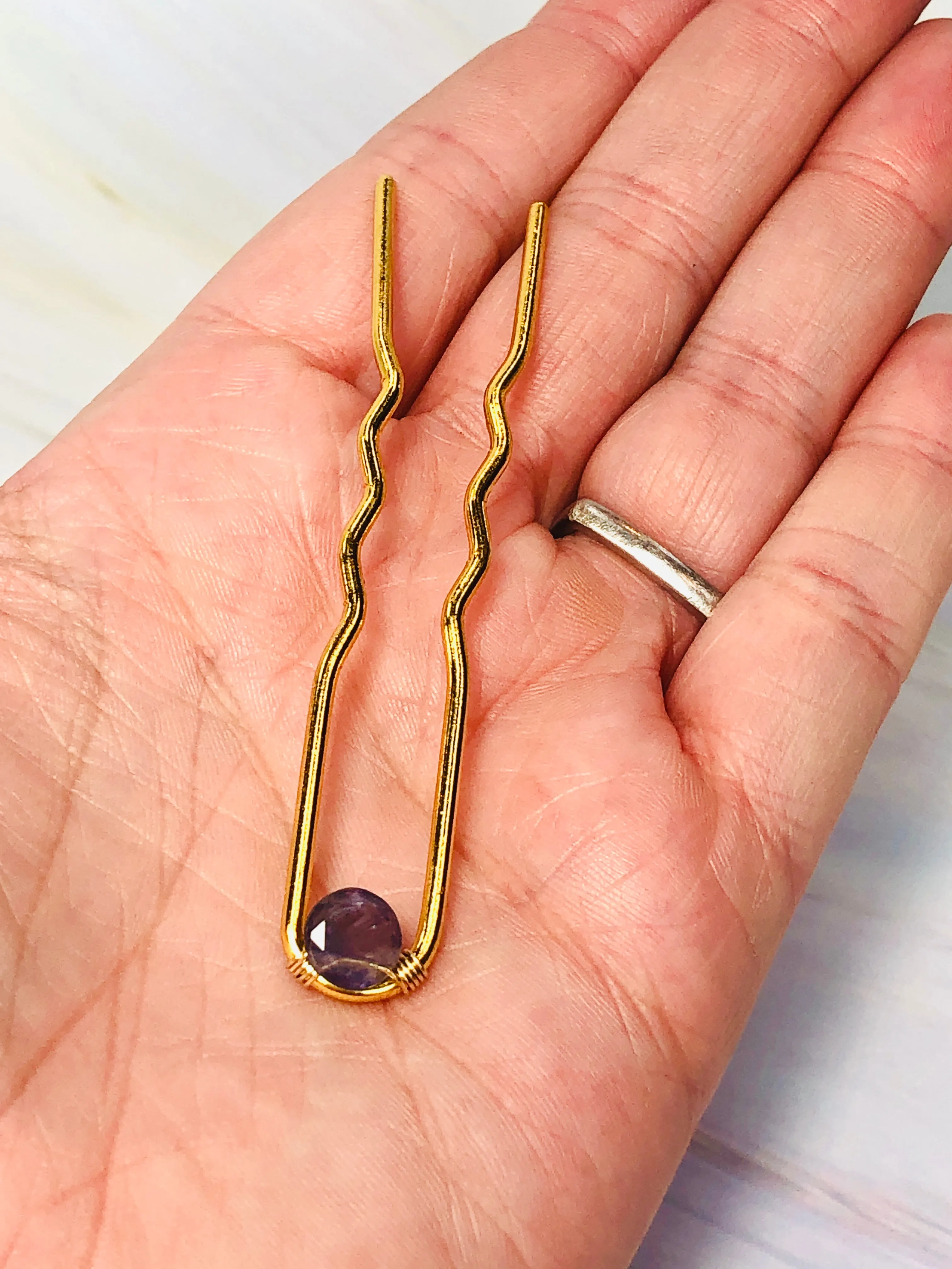 Silver Citrine Gemstone Hair Pin, Luxury Citrine Hair Pin, gemstone metal hair jewelry