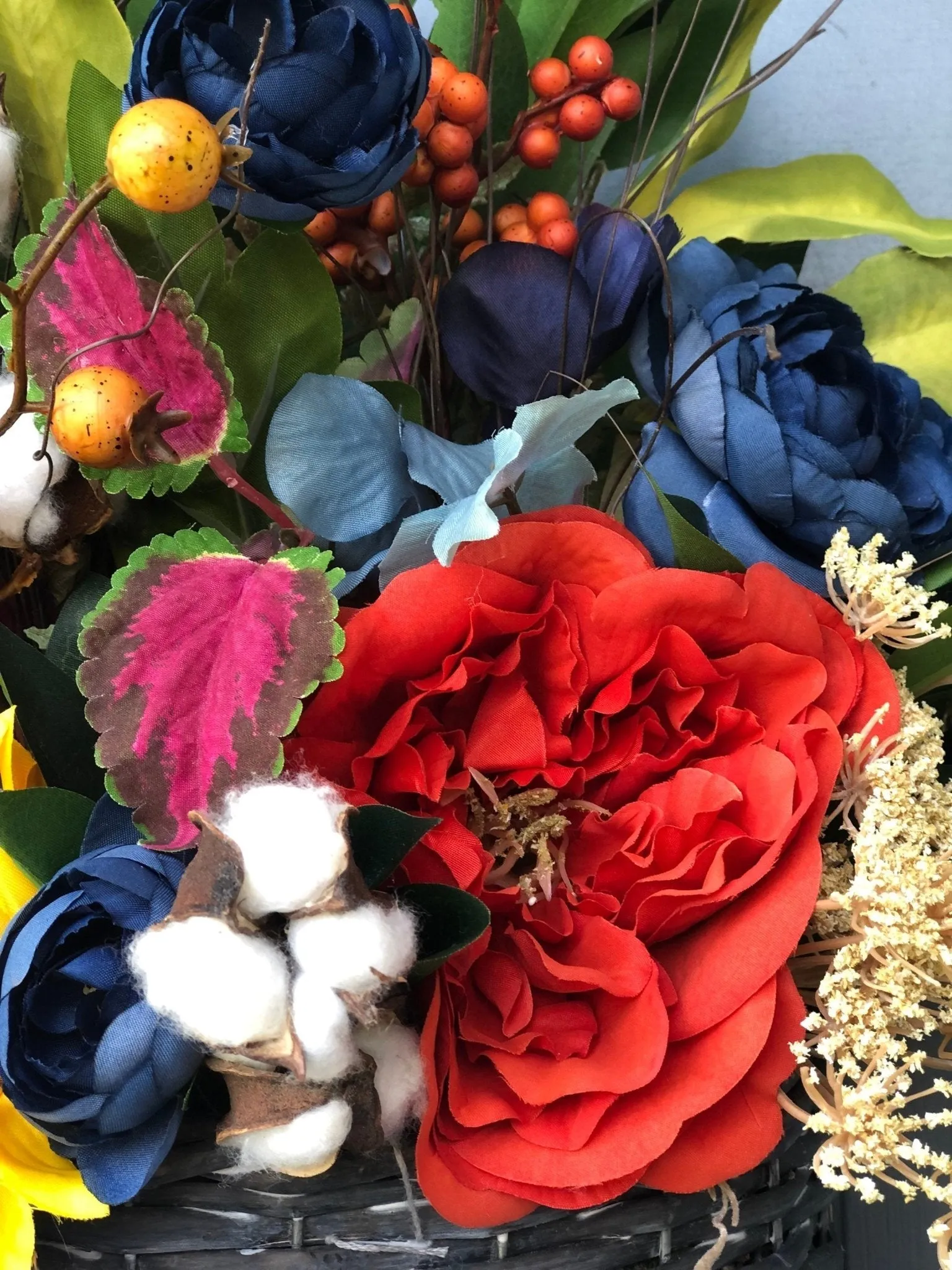 Spring Basket with Sunflowers and Blue Ranunculus