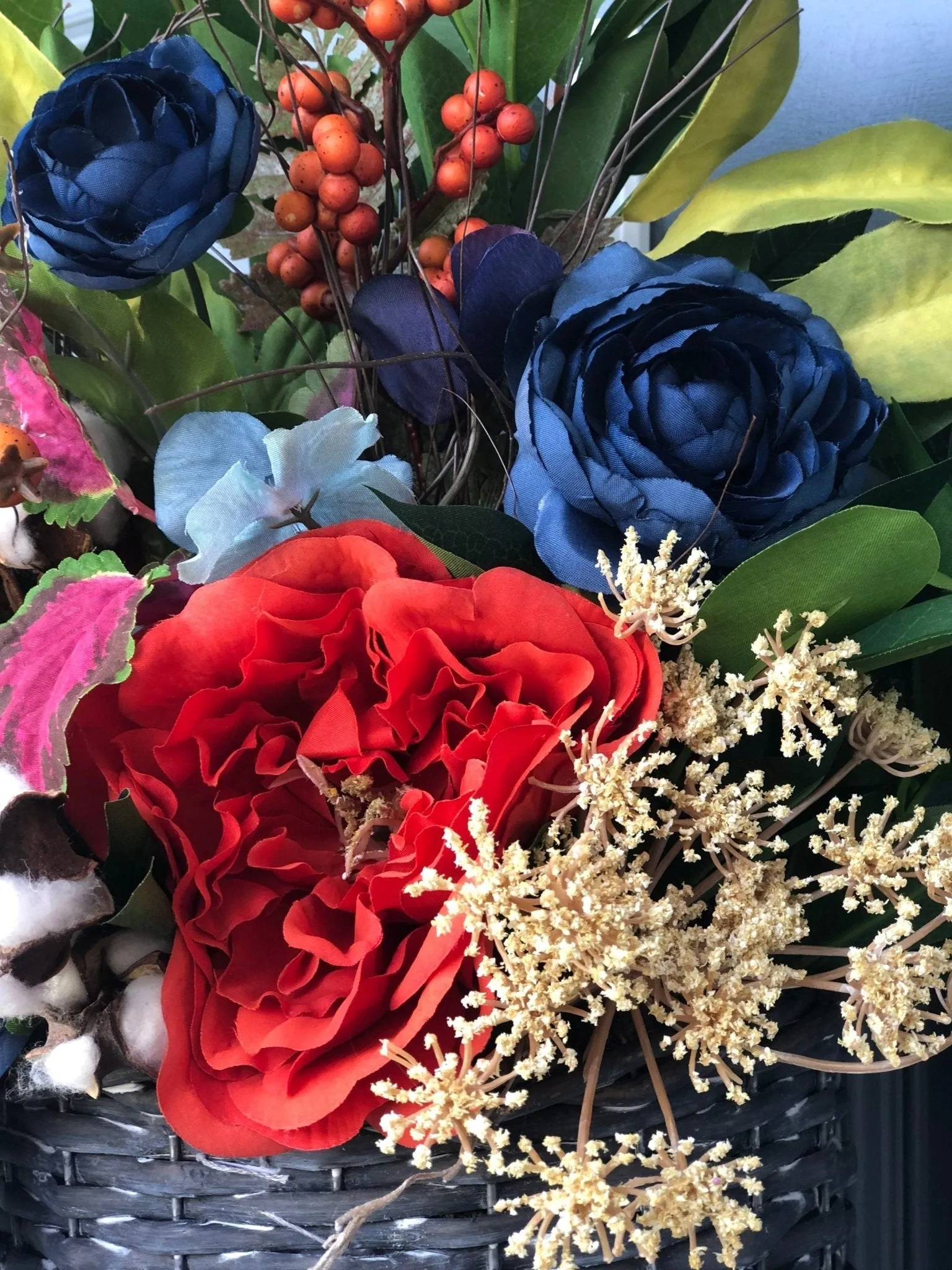 Spring Basket with Sunflowers and Blue Ranunculus