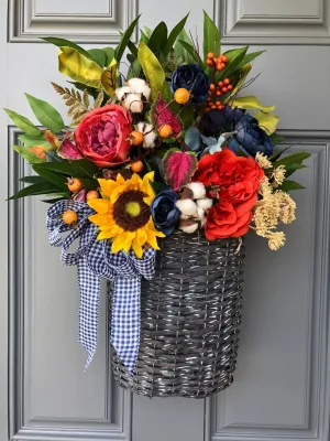 Spring Basket with Sunflowers and Blue Ranunculus