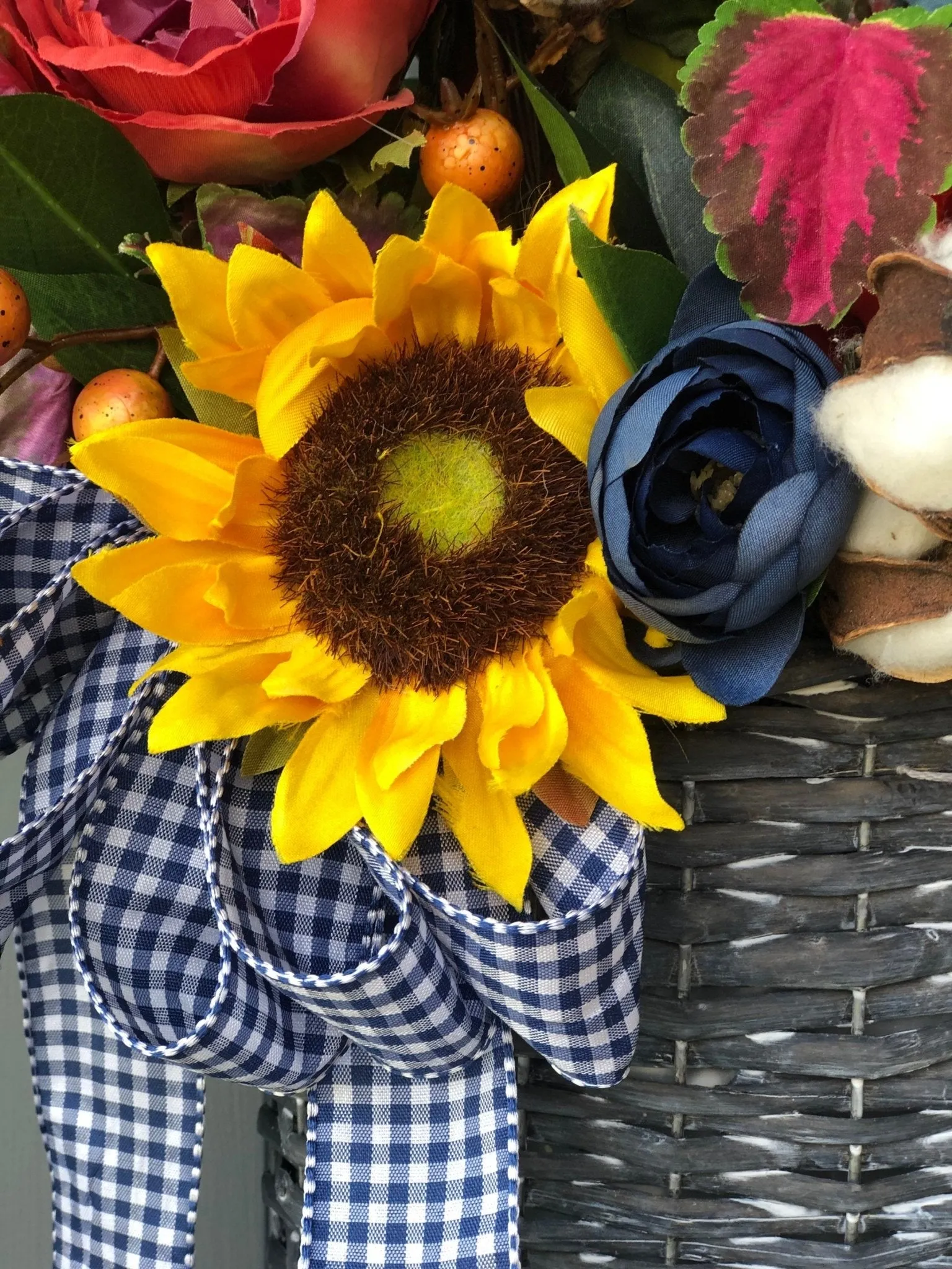 Spring Basket with Sunflowers and Blue Ranunculus