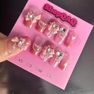 Spring Love Letter | Summer Pink Plaid Glittery Sweetheart Bow Handmade Press-On Nails