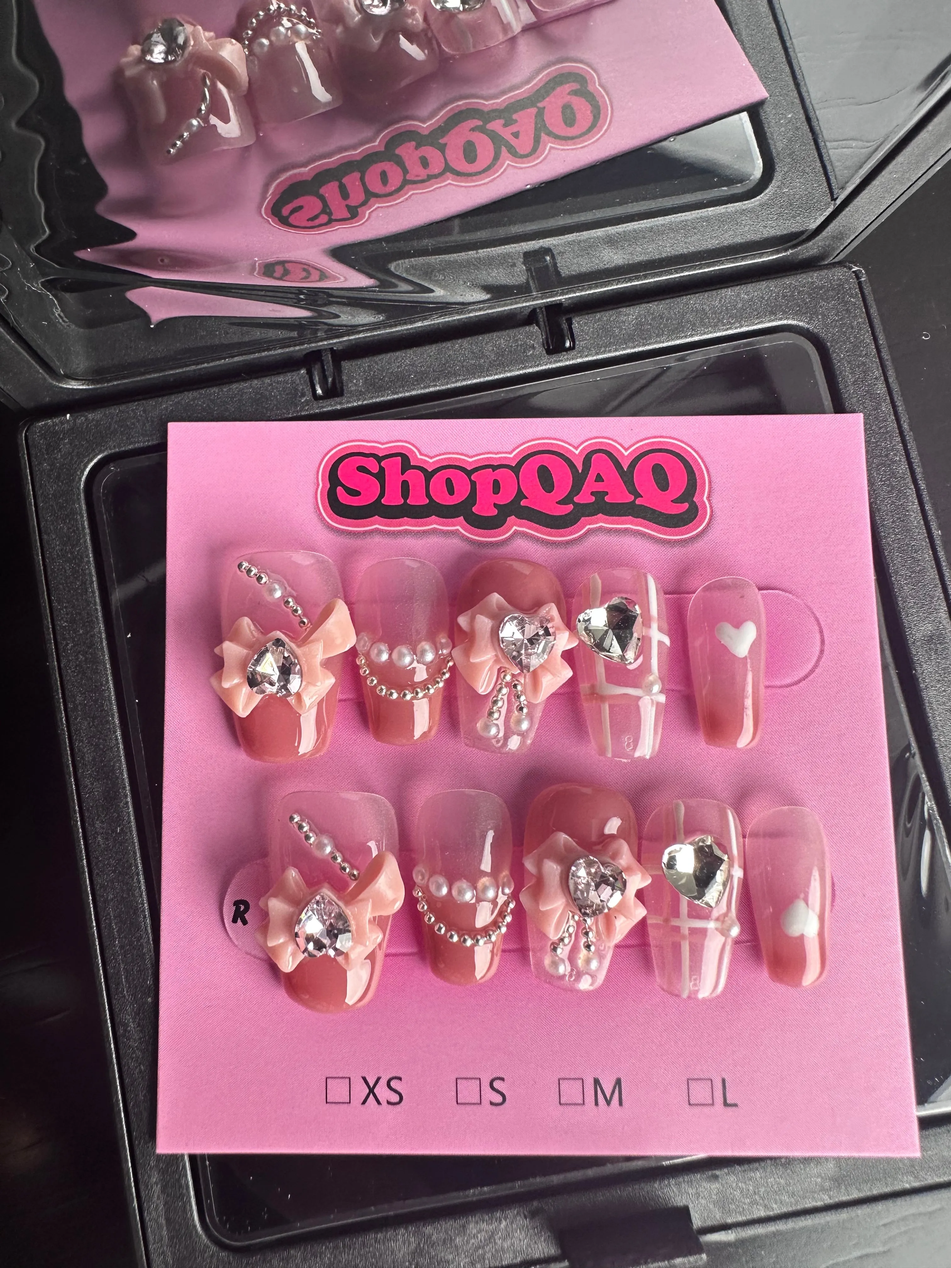 Spring Love Letter | Summer Pink Plaid Glittery Sweetheart Bow Handmade Press-On Nails