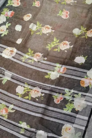 Stunning Black & Brown Floral Saree - Digital Print