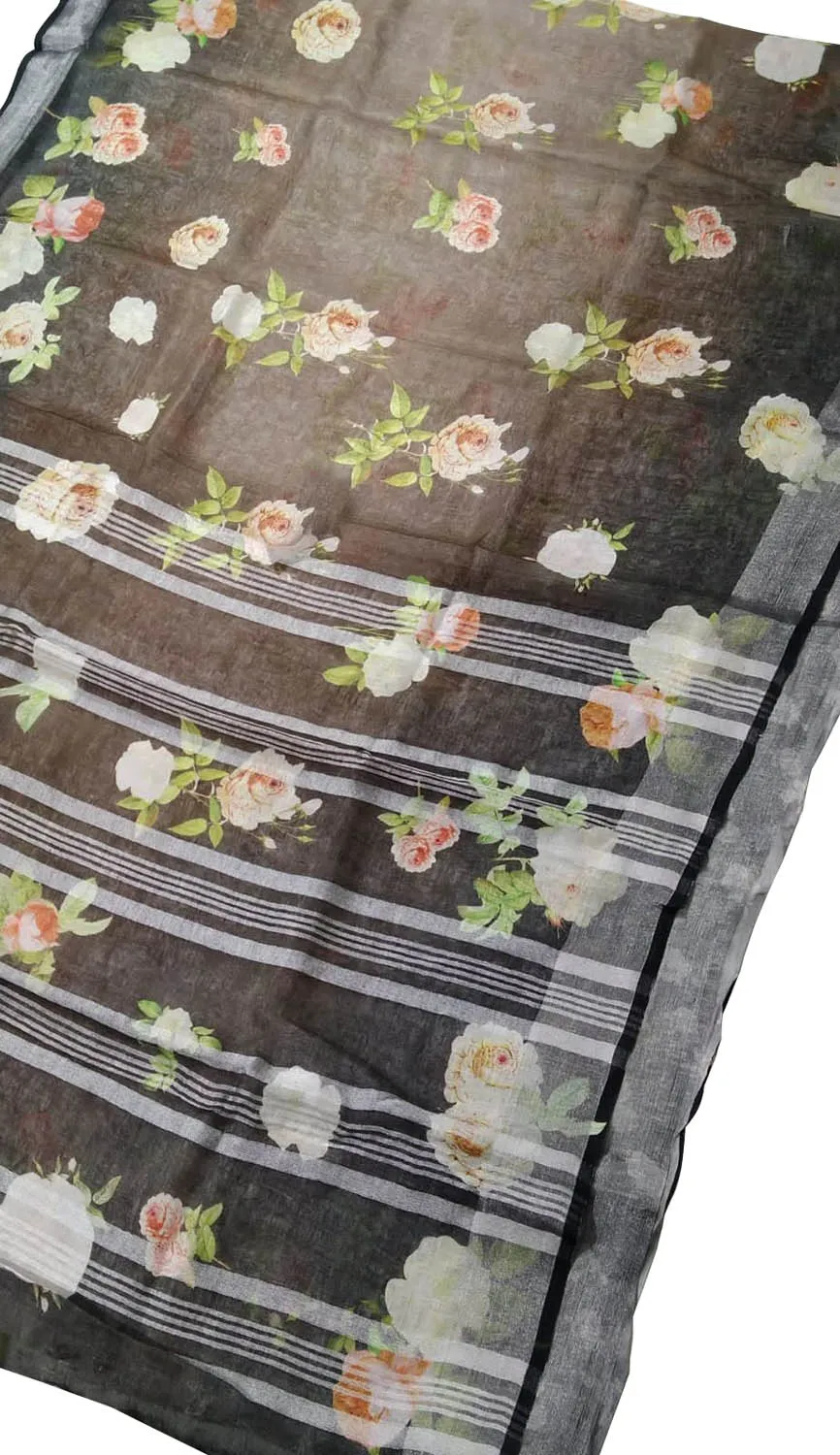 Stunning Black & Brown Floral Saree - Digital Print